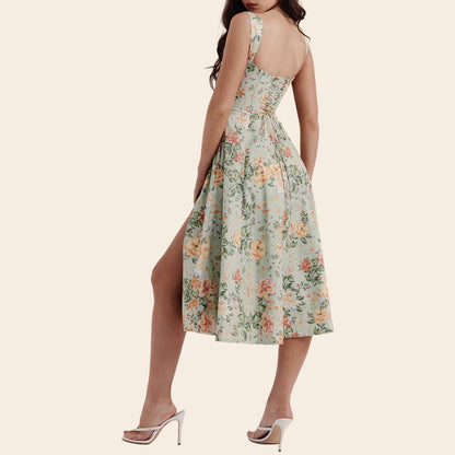 Low Cut A-Line Slit Floral Dress