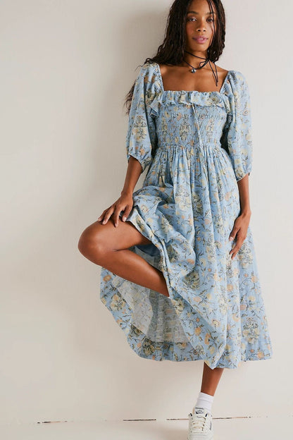 Floral Print Strapless Smocked Ruffle Neck Maxi Dress