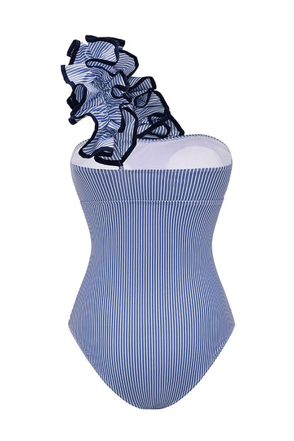 Striped Print One-Shoulder 3D Floral Elastic One-Piece Swimsuit
