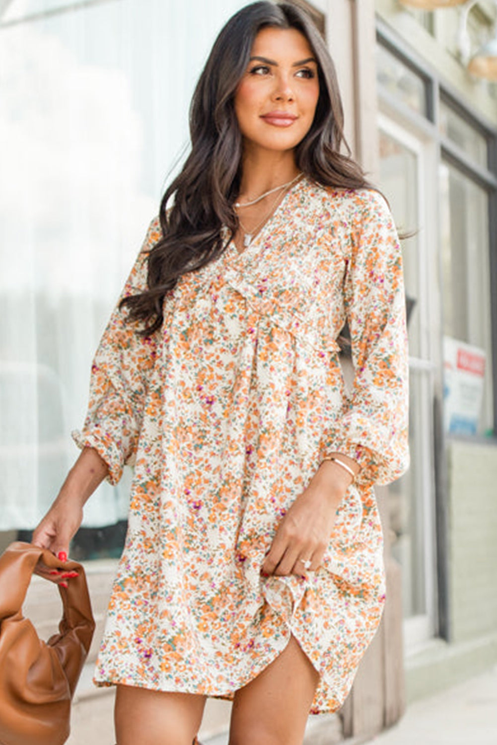 Ditsy Floral Print Surplice V-Neck Balloon Sleeve Empire Waist Mini Dress