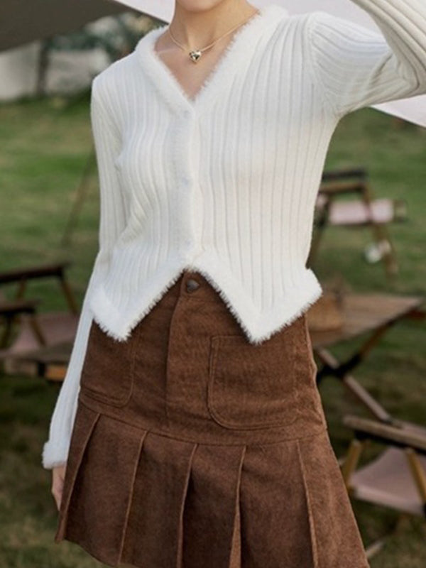 Solid V Neck Fuzzy Trim Slim Ribbed Knit Cardigan