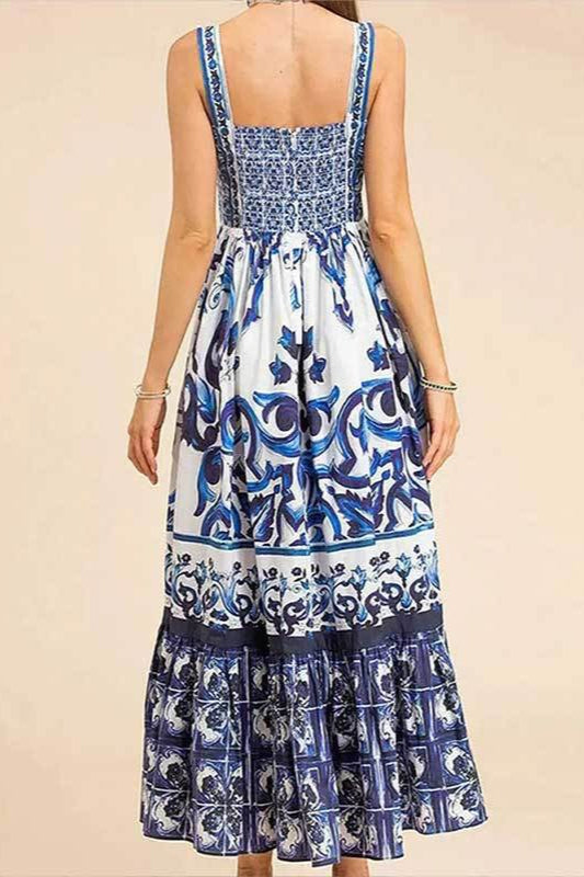 Mediterranean Print Sweetheart Neck Tiered Flounce Hem Maxi Dress