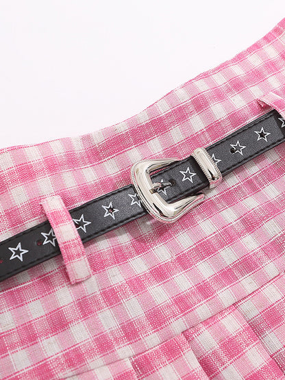 Plaid Pleated With Star Belt Mini Skirts