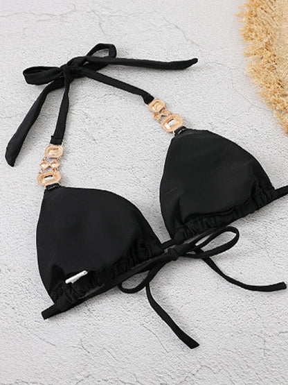 Solid Gem Engraved Halter Tie Back Bikinis