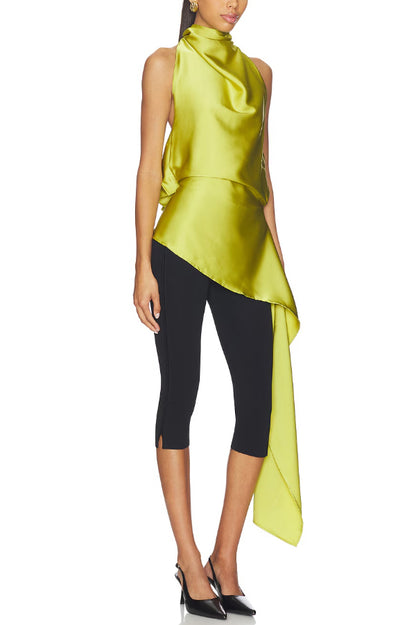 Misty Aura Satin Halter Tie-up Neck Open Back Drape Hem Top