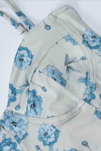 Floral Print Bustier Sweetheart Neck Spaghetti Strap Pleated Maxi Dress