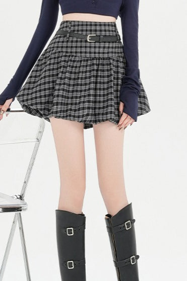Plaid Bubble A-line Khaki Short Skirt
