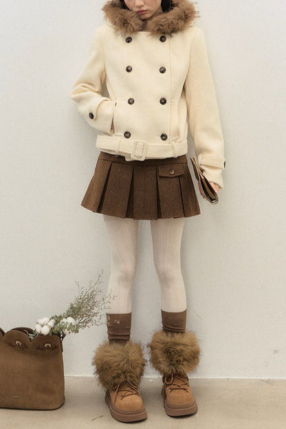 Double Breasted Hooded Waist Cinched Thickened Wool Coat