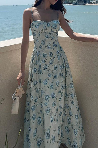 Floral Print Bustier Sweetheart Neck Spaghetti Strap Pleated Maxi Dress