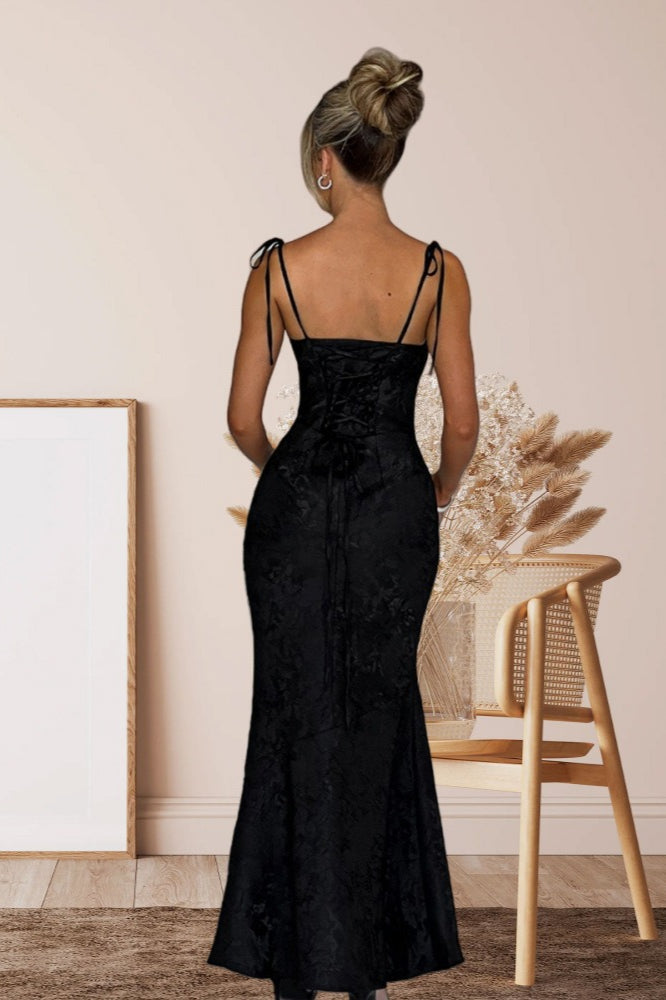 Tie-Shoulder Jacquard Floral Mermaid Maxi Formal Gown