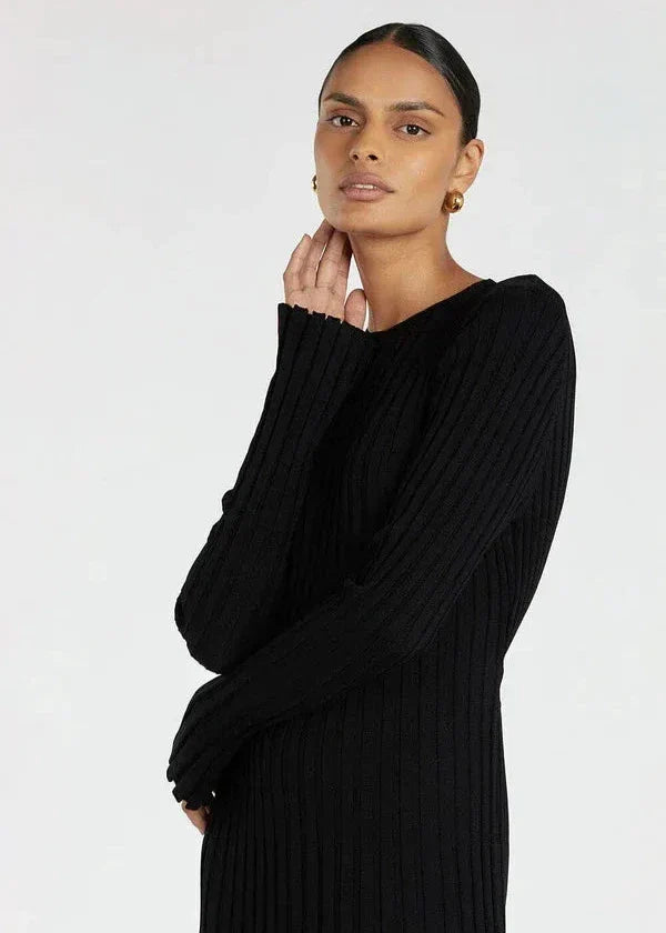 Crew Neck Ribbed Knit Long Sleeve Bodycon Maxi Dress