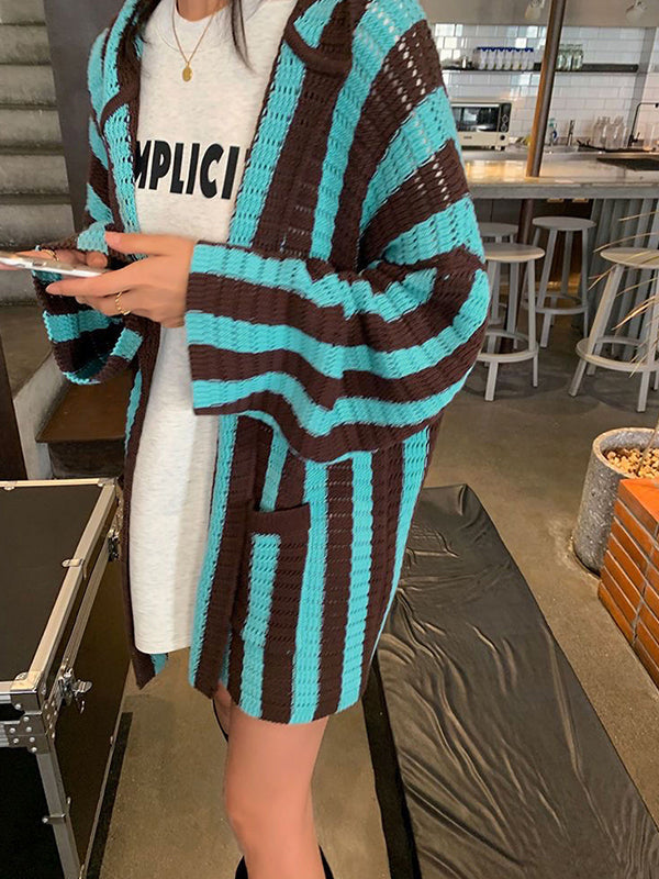 Knit Contrast Color Stripe Hooded Cardigan