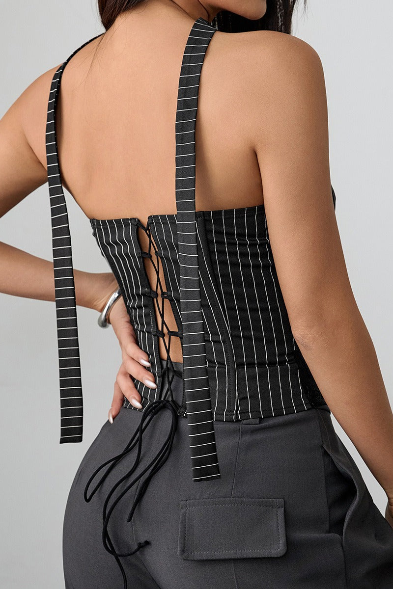 Stripe Lace Trim Backless Corset Crop Top