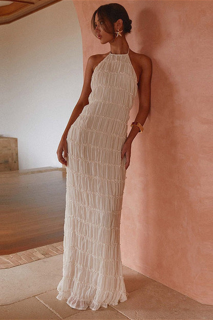 | Backless Ruched Pleated Maxi Dress