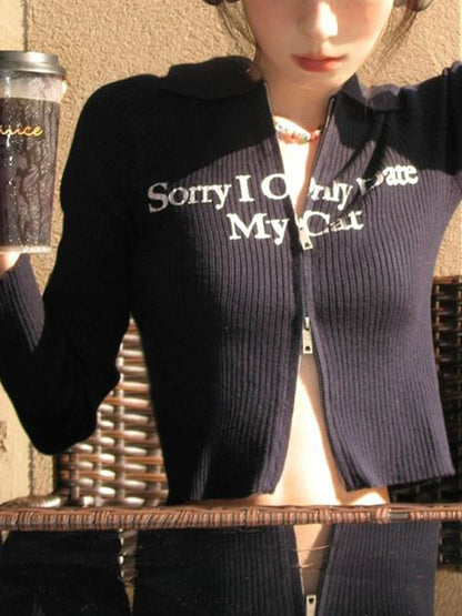 Letter Print Double Zipper Crop Cardigan