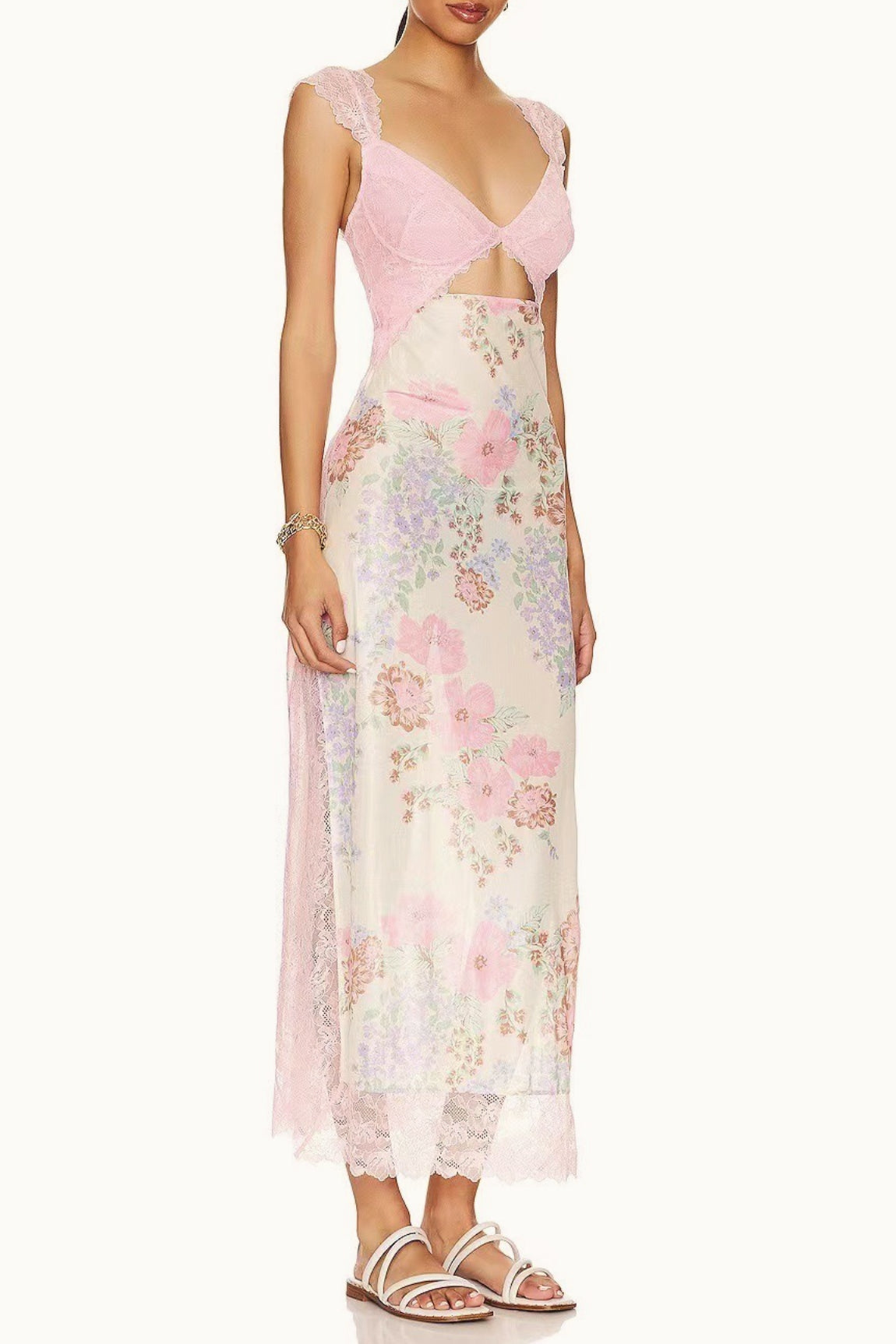 Lace Sweetheart Bodice Cut Out Flutter Sleeve Floral Print Slip Maxi Dress