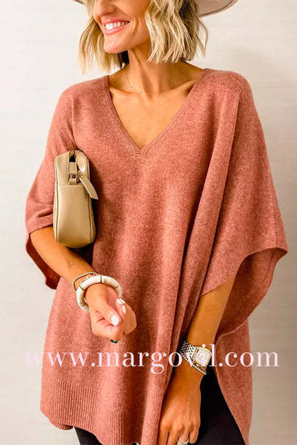 Chicest V Neck Loose Fit Solid Poncho Sweater