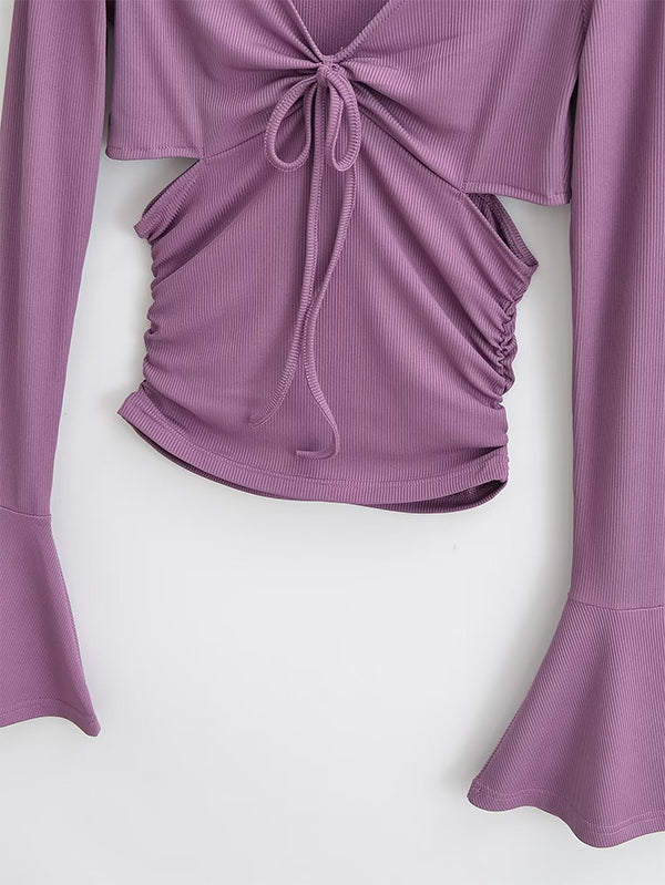 Solid V Neck Side Cutout Trumpet Sleeve Long Sleeve Knit