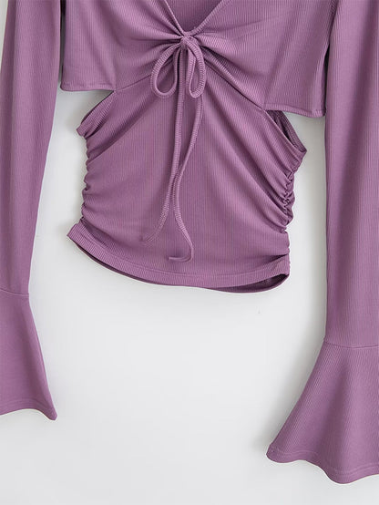 Solid V Neck Side Cutout Trumpet Sleeve Long Sleeve Knit