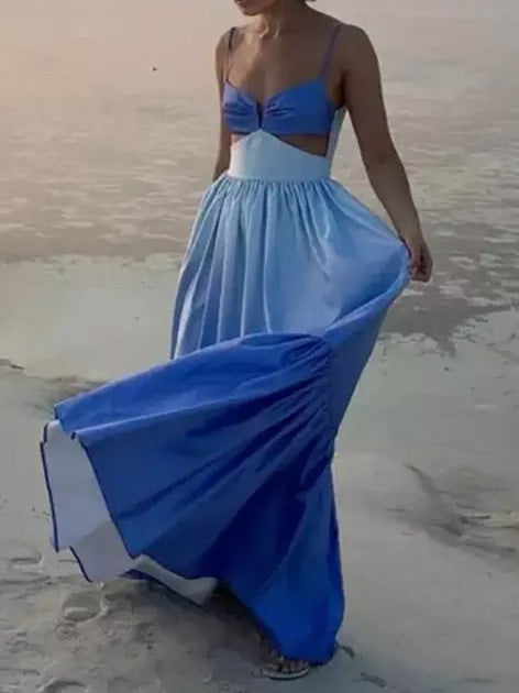 Gradient Maxi Slip Dress for Women - Blue Boho Side Cutout V Neck Tiered A Line Sundress - Summer Beach Vacation 2026