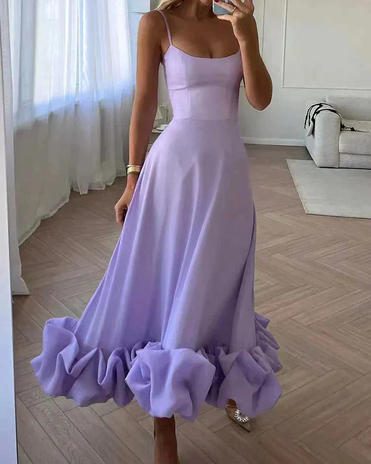 Scoop Neck Spaghetti Strap Corset Bodice Bubble Hem Maxi Gown