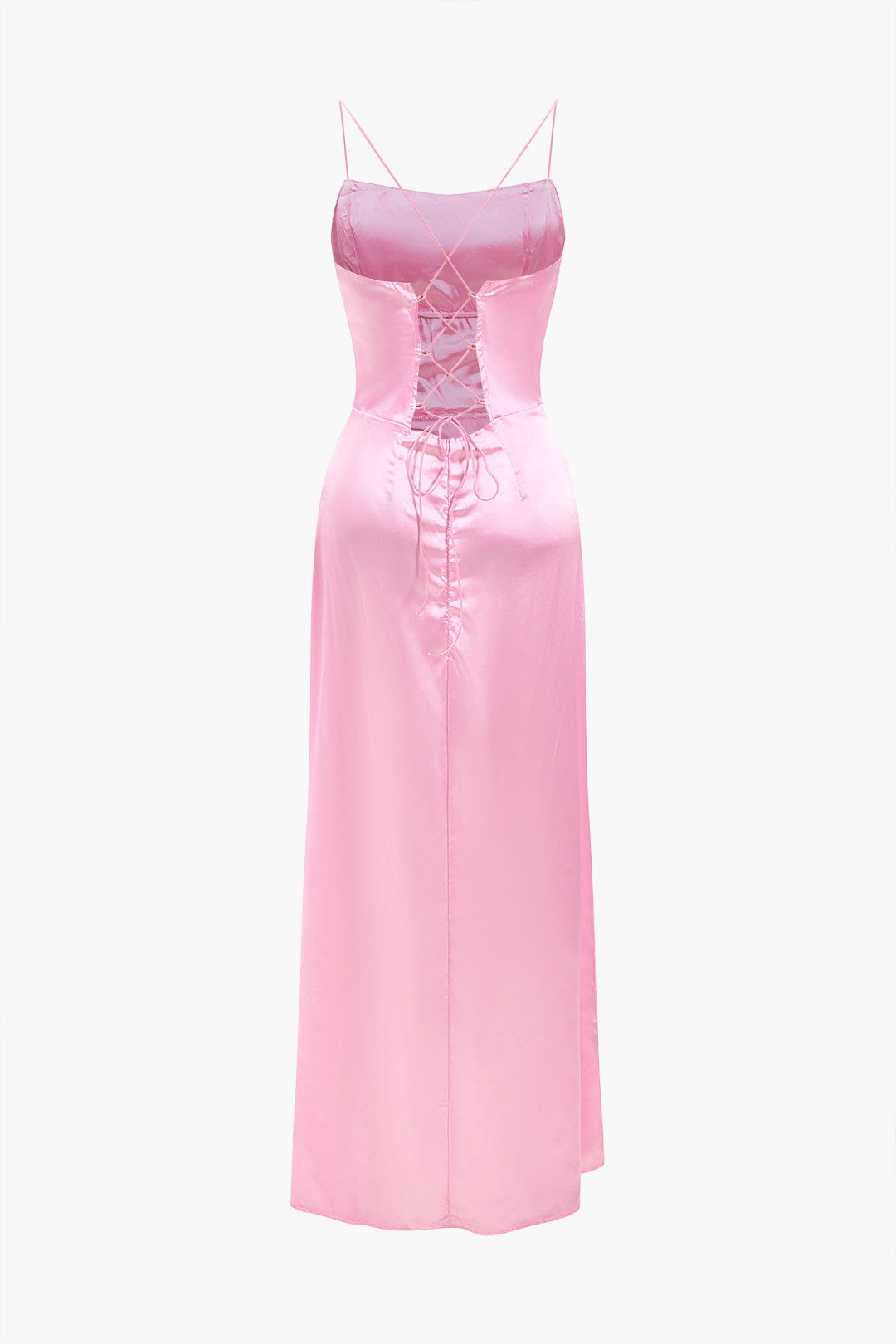 Cowl Neck Corset Bodice Spaghetti Strap Satin High Slit Maxi Dress