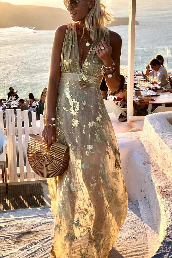 Distressed Metallic Foil Print Deep V-Neck Empire Waist Sleeveless Maxi Dress