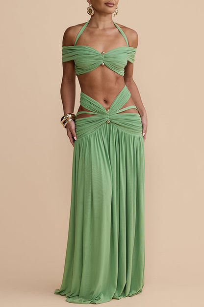 Martina Stretch Mesh Gold Metal Detail Gathered Cutout Waist Vacation Maxi Skirt