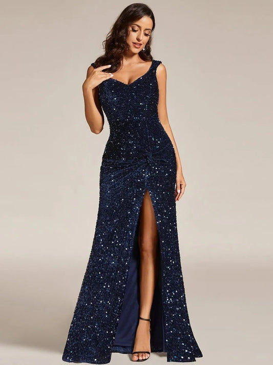 Dark Blue Sequined High Slit Maxi Dresses