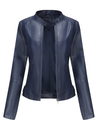 Street Cool Thin Stand Collar Zipper Leather Jacket