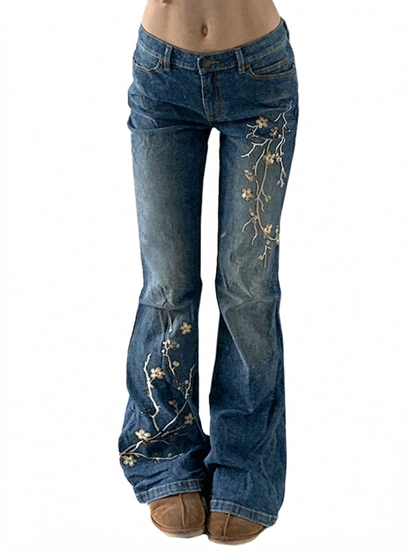 Floral Embroidery Slim Fit Flare Jeans