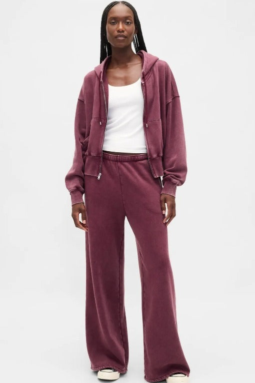 | Solid Hooded Zipper Loose Two Piece Set