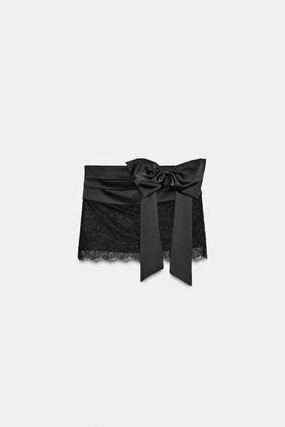 Anna Satin Bow Appliqué Mid Rise Lace Hem Mini Skirt