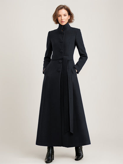 Wool Blend Long Coat Black Belted Stand Collar Winter Full Length Outerwear For Women 2026