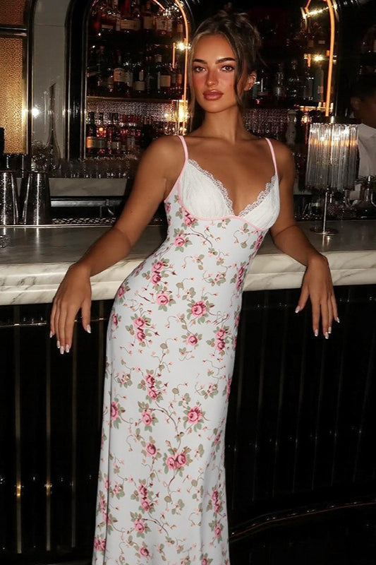 Lace Cup V Neck Floral Print Slip Maxi Dress