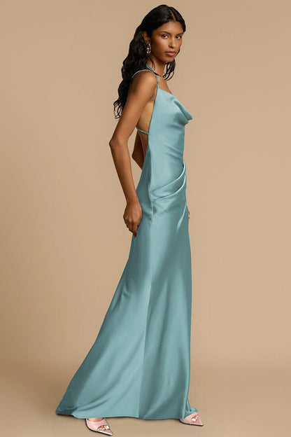 Solid Color Draped Collar Backless Evening Dress