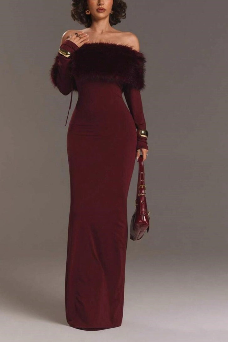 Off Shoulder Faux Fur Trim Long Sleeve Bodycon Floor Length Maxi Dress