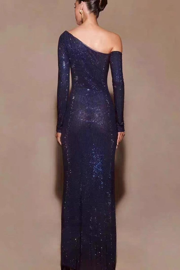 Off Shoulder Sheer Mesh Panel Sequin Long Sleeve Bodycon Maxi Dress