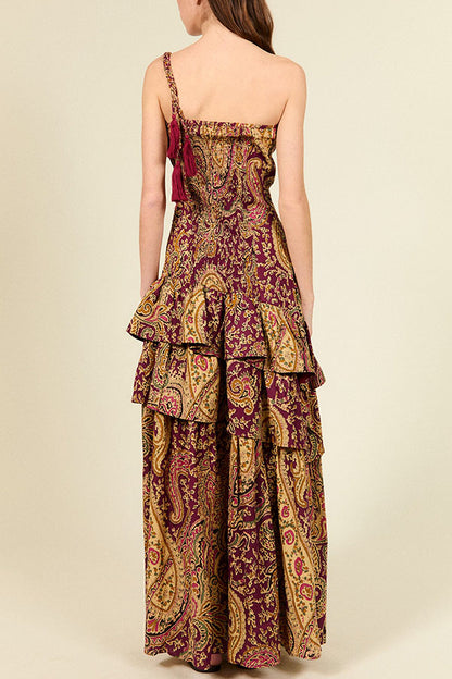 Ailen Paisley Print One Shoulder Tassel Details Ruffle Hem Maxi Dress