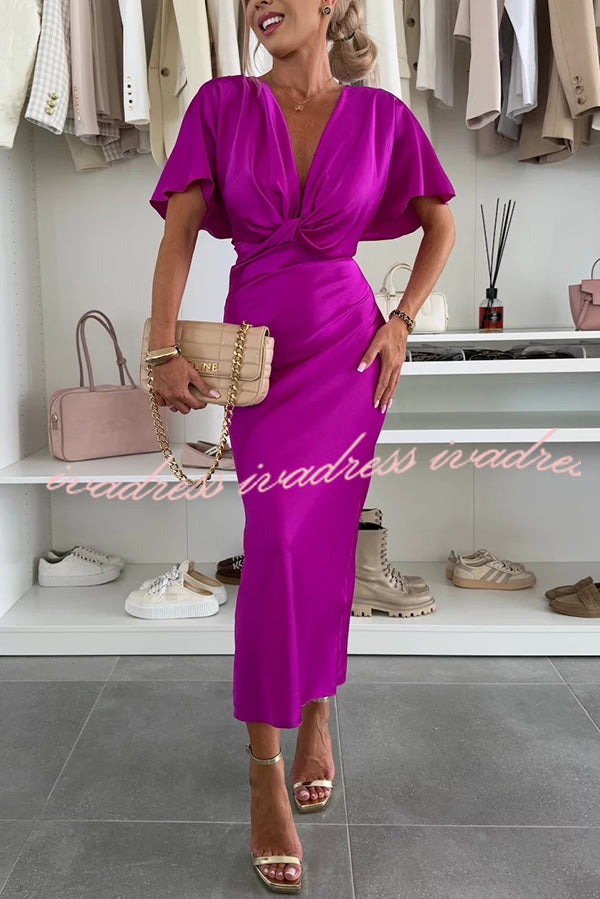 Satin Solid Color V-neck Cross Knot Slim Maxi Dress