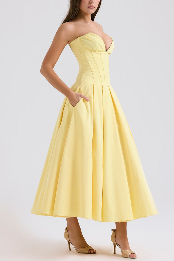 Strapless Corset Sweetheart Neckline Pleated Full Skirt Midi Dress