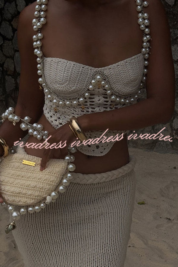 Mirina Hollow Crochet Knit Pearl Trim Heart Collar Crop Vacation Tank