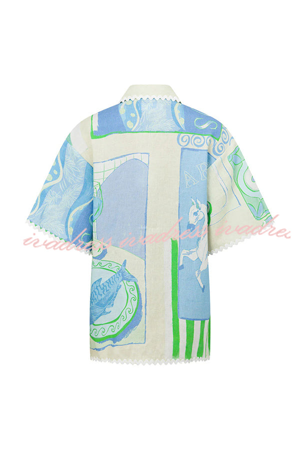 Pierre Linen Blend Ric Rac Trims Unique Print Short Sleeve Shirt and Wrap Tie-up Mini Skirt Set