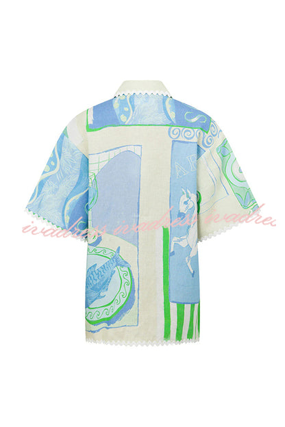 Pierre Linen Blend Ric Rac Trims Unique Print Short Sleeve Shirt and Wrap Tie-up Mini Skirt Set