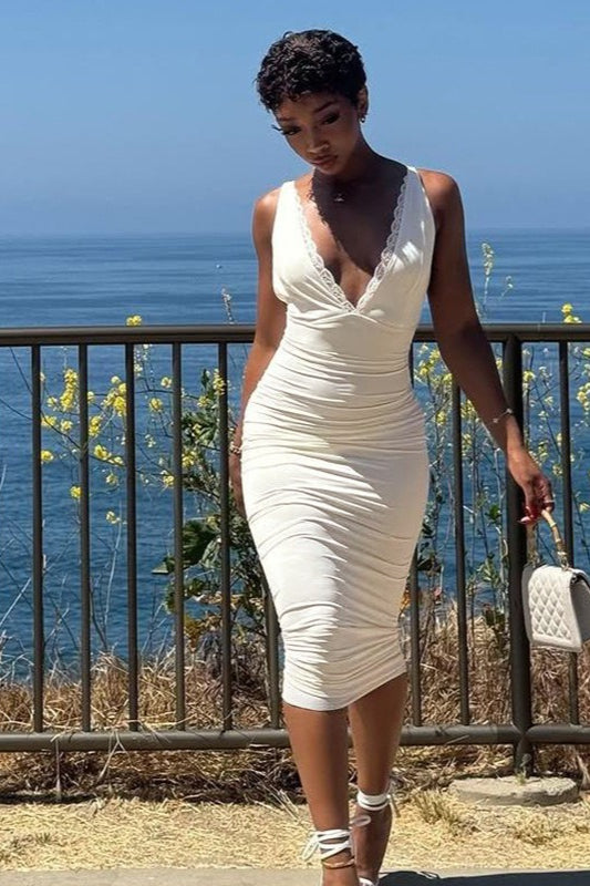 Deep V Neck Lace Trim Spaghetti Strap Ruched Bodycon Midi Dress