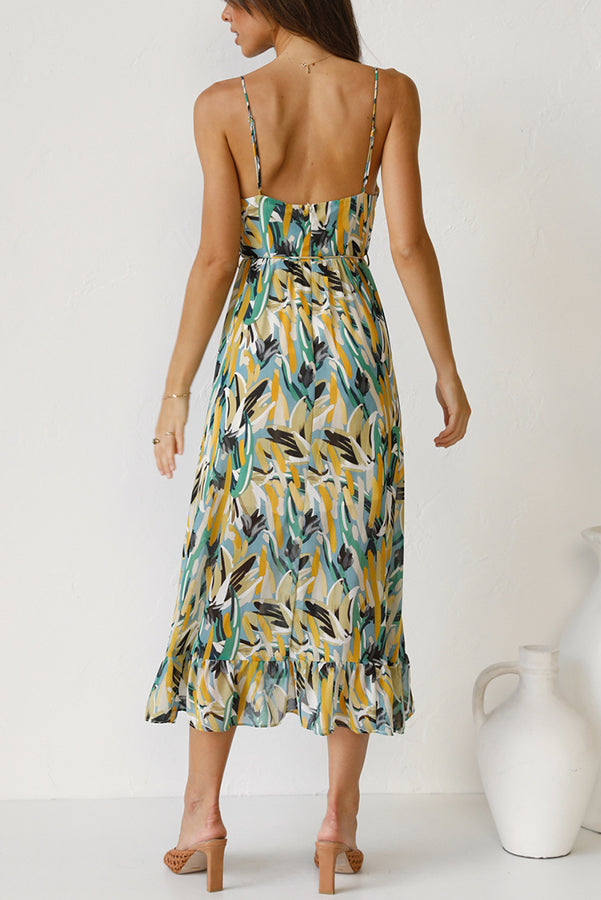 Abstract Brushstroke Print Spaghetti Strap Ruched Cup Tie-Waist Ruffle Hem Midi Dress