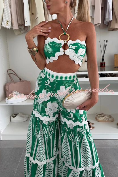 Cassie Ric Rac Trims Unique Print Halter Ring Tank and High Rise Wide Leg Pants Set
