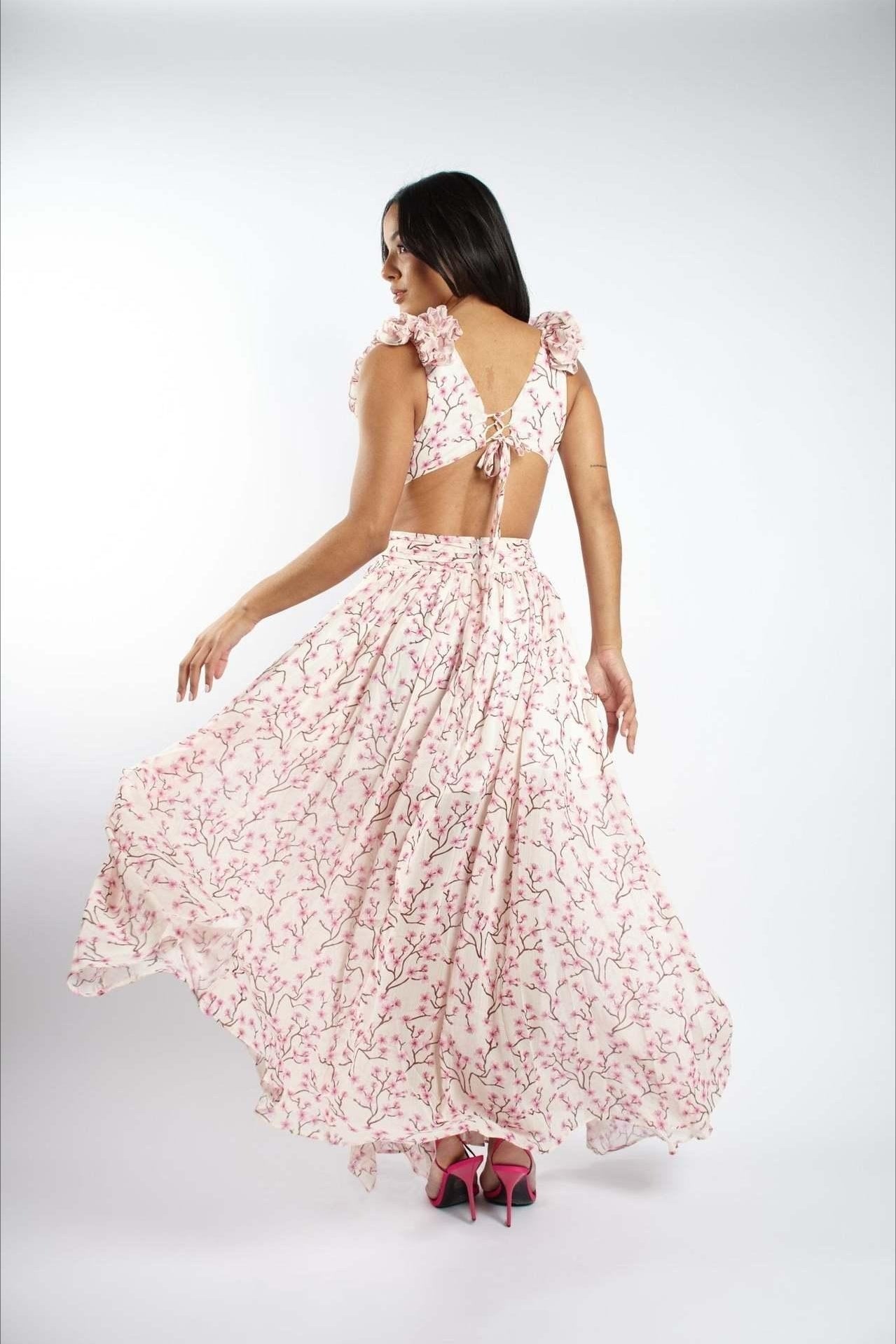 Blossom Print Ruffle Neckline Cutout Tiered Ruffle Maxi Dress