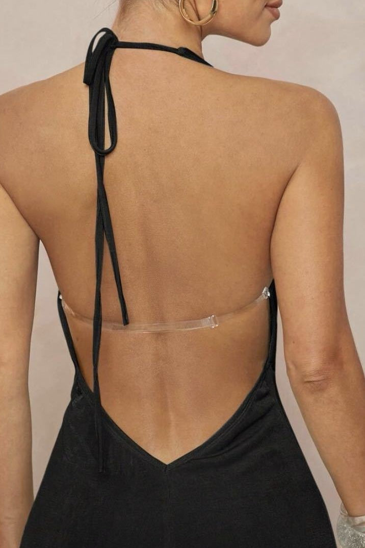 | Deep V Halter Ruched Backless Maxi Dress