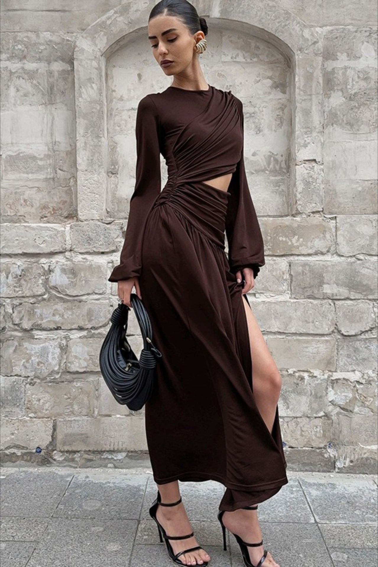 Ruched High Neck Long Sleeve Waist Cutout High Slit Maxi Dress